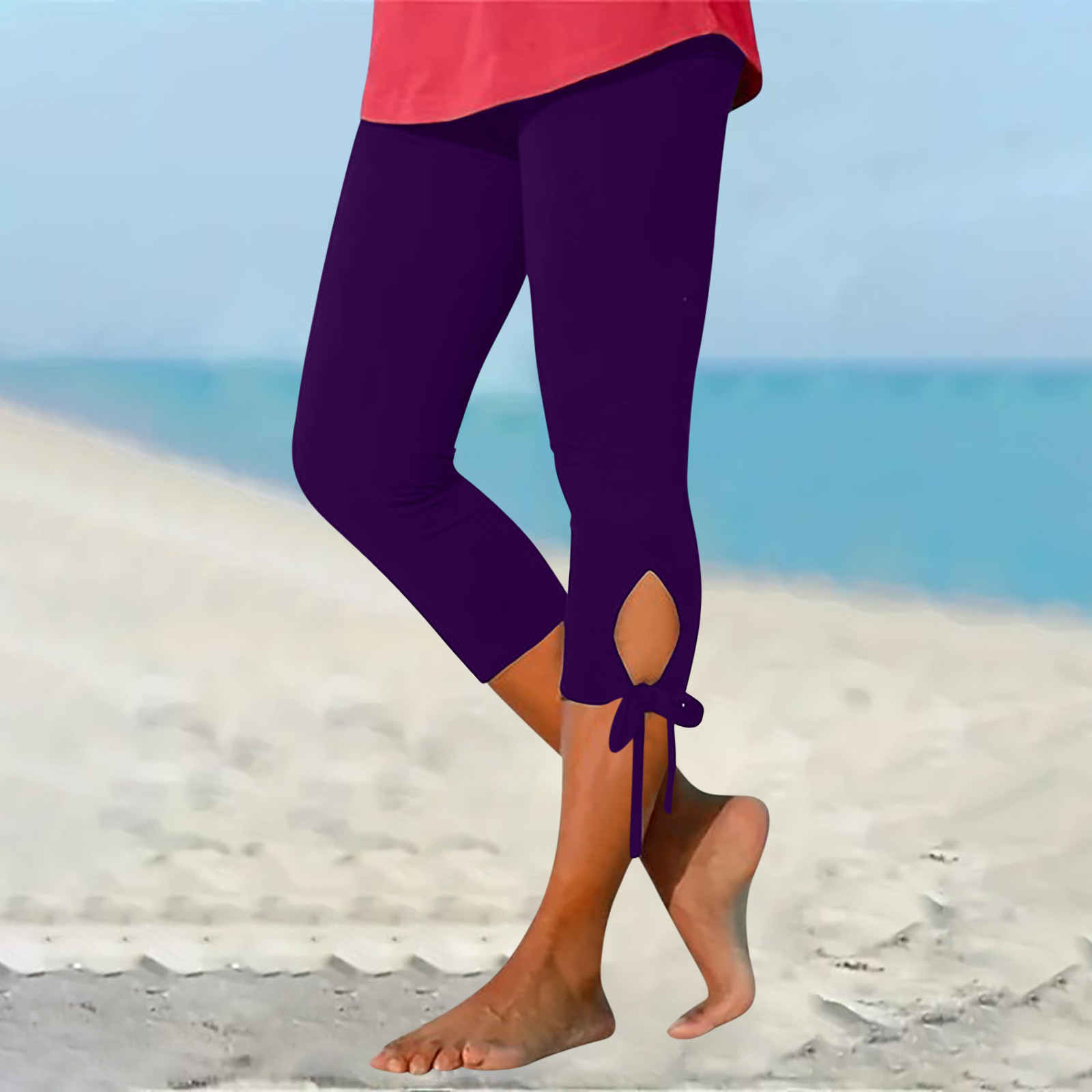 thumbnail image 2 of Leggings cortos de cintura alta con aberturas para mujer - Tejido elástico, pantalones informales para hacer ejercicio y para la playa, 2 of 6
